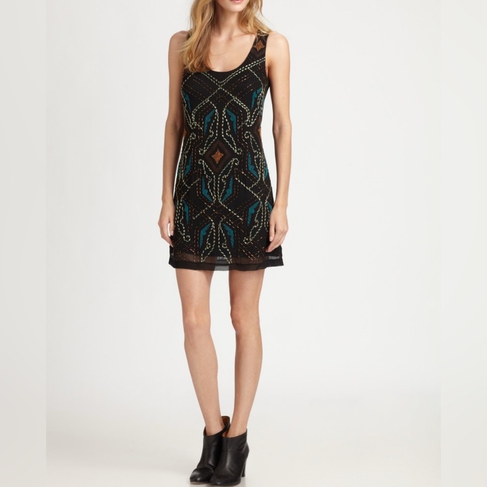 Nanette Lepore S 0Anthropologie Black Silk Dreamcatcher Beaded Cocktail Dress